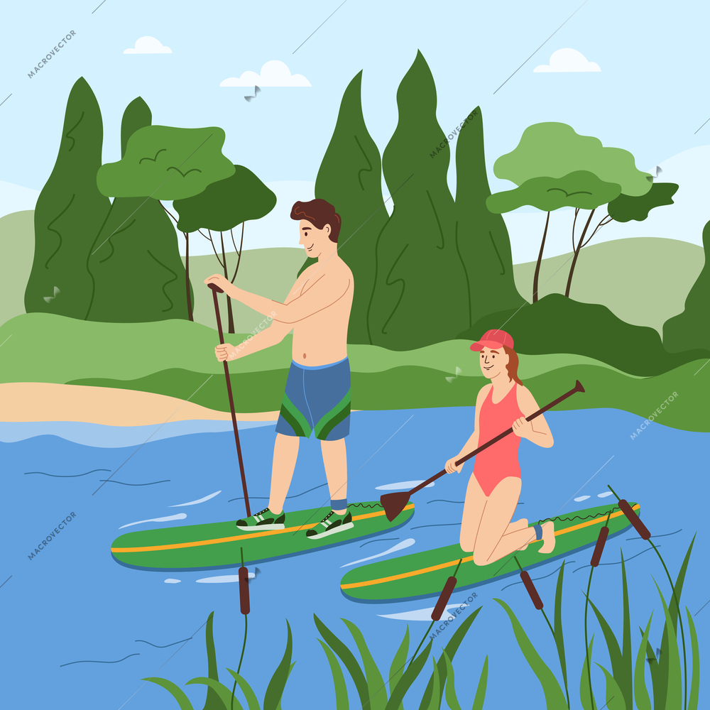 Summer family activities flat background with young couple controlling SUP boats with help of paddles vector illustration