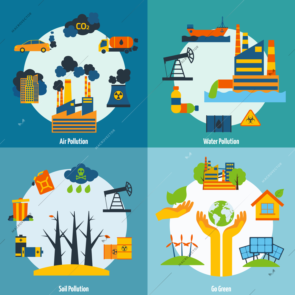 Ecology design concept set with air water and soil pollution flat icons isolated vector illustration