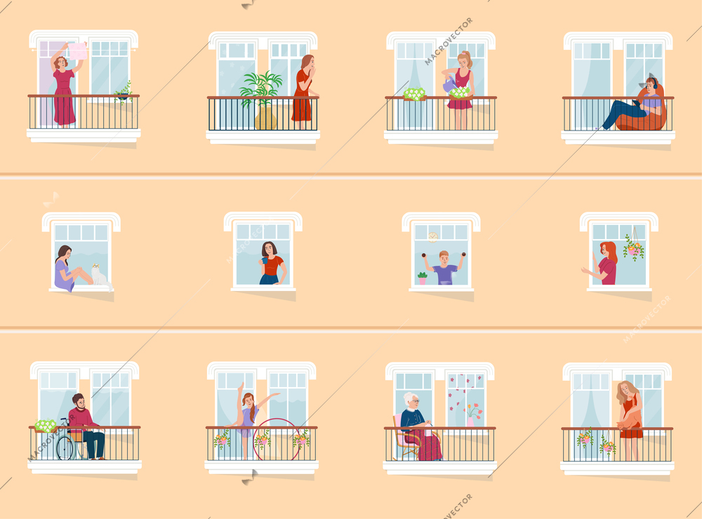 Neighbours in their windows flat background demonstrating house building wall with people in open windows and balconies vector illustration