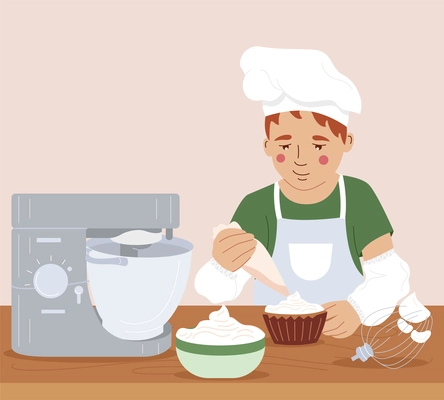 Childish cooking school flat composition with little boy in chef hat decorating dessert with whipped cream vector illustration