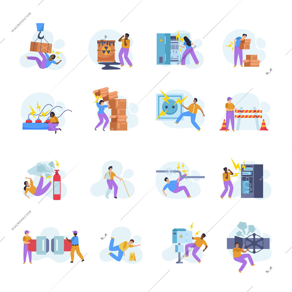 Workplace safety flat icons set with human characters having various accidents and getting injuries at work isolated vector illustration