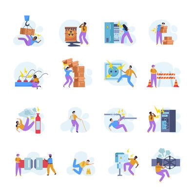 Workplace safety flat icons set with human characters having various accidents and getting injuries at work isolated vector illustration