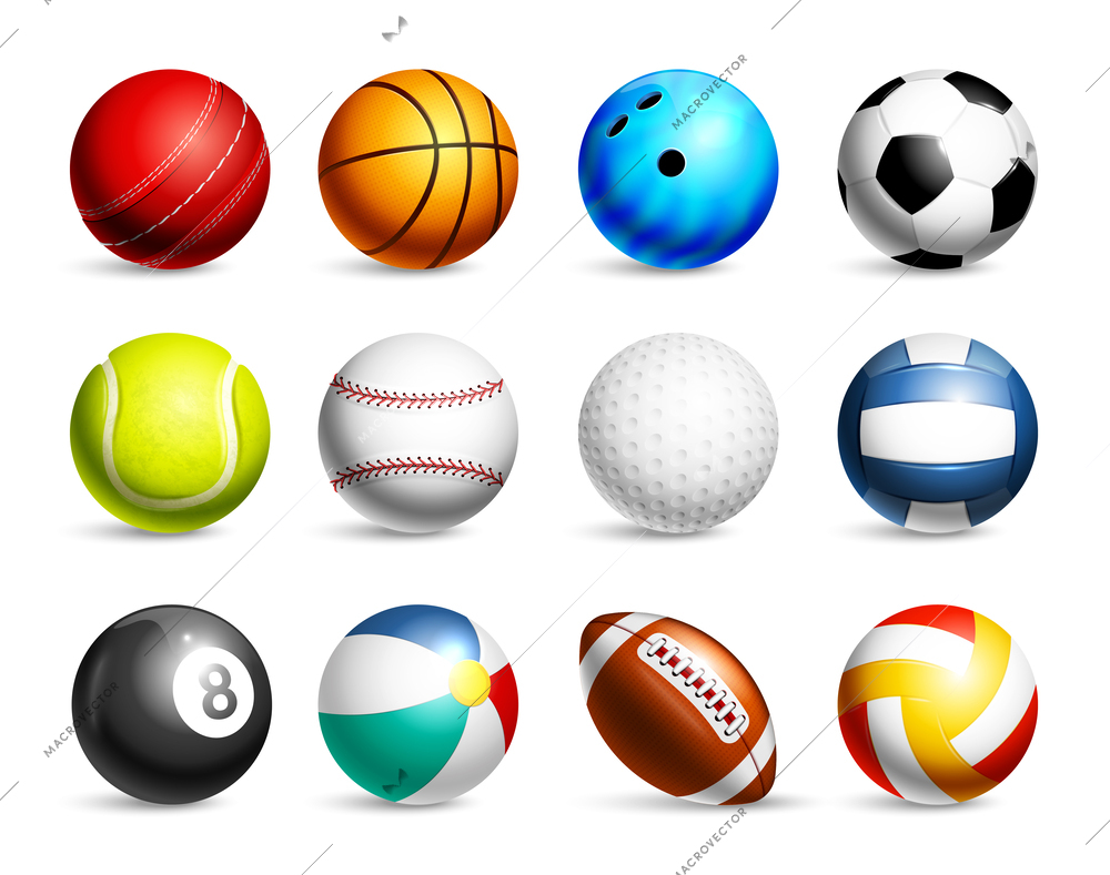 Realistic sport ball icon set balls for rugby baseball basketball soccer billiards and other games vector illustration