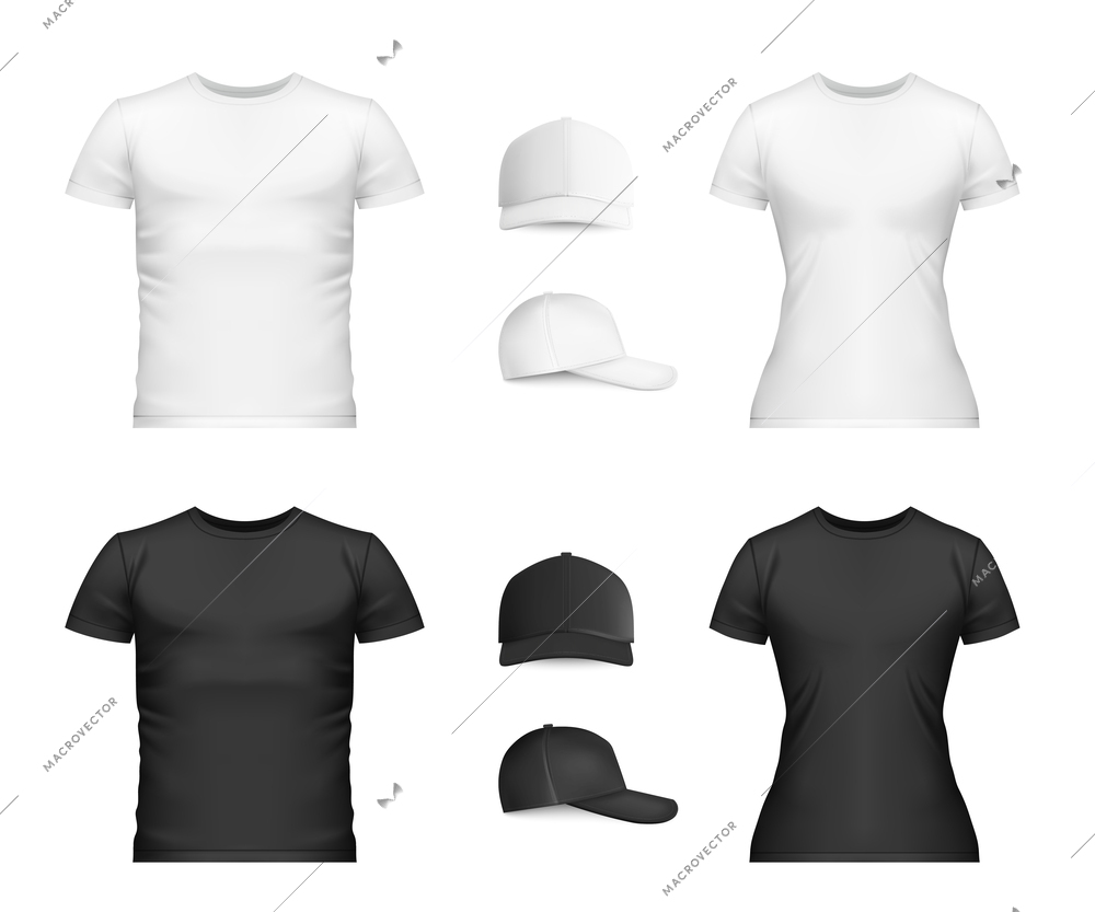 Realistic t shirt baseball cap mockup icon set white and black shirts and caps for men and women vector illustration