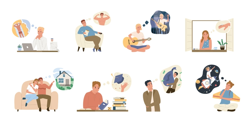 Dreams dreaming people flat colored icon set man at work dreams of vacation fat guy dreams of beautiful body singer dreams of fame girl thinks of a proposal and other things vector illustration