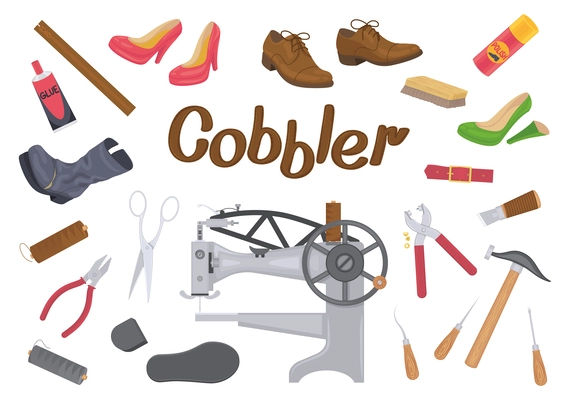 Shoes repairing service flat background with isolated icons of cobblers tools boots and supplies with text vector illustration