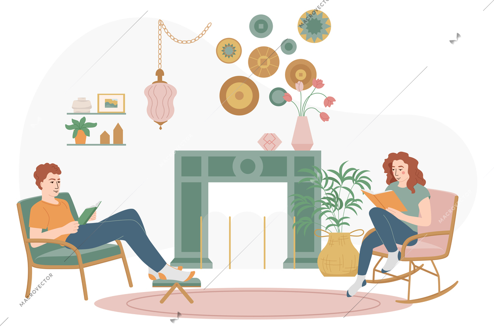 Lagom life flat background composition with living room interior man and woman reading books in armchairs vector illustration