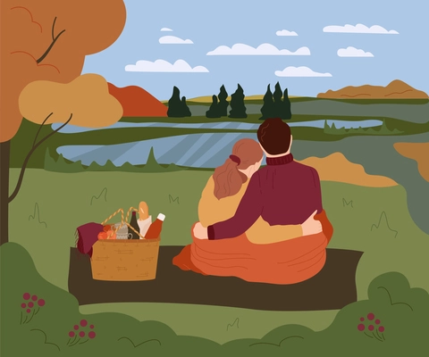 Hugge lifestyle flat composition with outdior autumn landscape and basket picnic with loving couple in blanket vector illustration