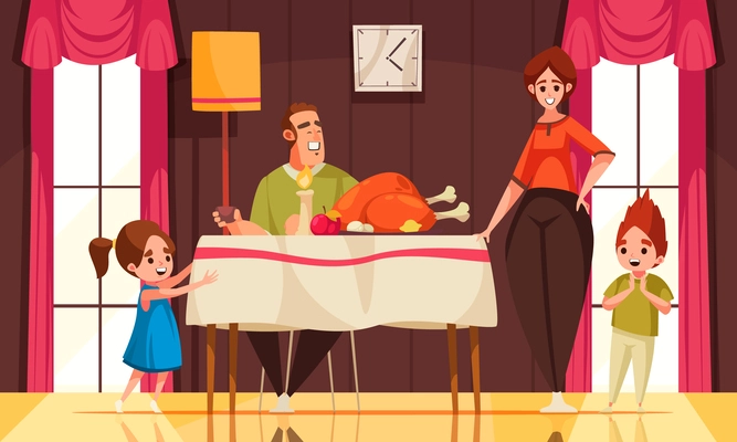 Autumn holiday scene with happy family celebrating Thanksgiving day cartoon vector illustration