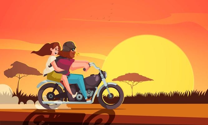 Bearded biker and happy girl riding a motorbike on sunset cartoon vector illustration