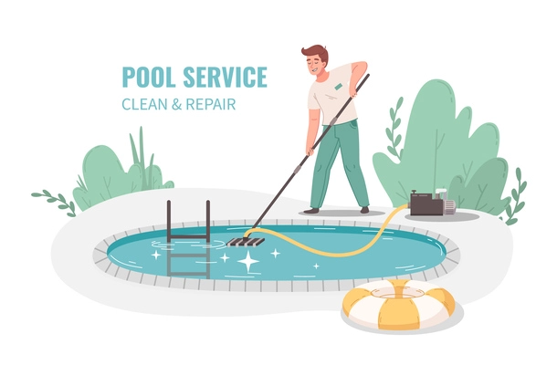 Pool mantenance service flat cartoon vector illustration with young man  working outdoor with vacuum cleaner