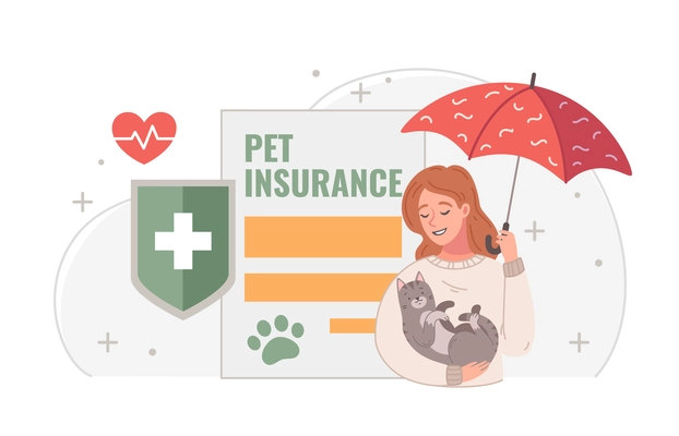 Pet insurance service cartoon composition with medical signs and woman covering cat in her hands with umbrella vector illustration