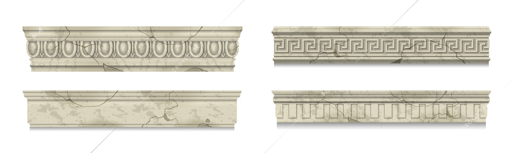 Collection of cracked ancient marble cornices with classic pattern isolated on white background realistic  vector illustration