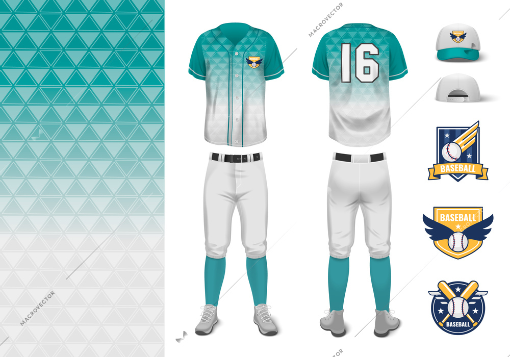Baseball jersey uniform mockup realistic set with stockings shirts breeches boots cap isolated vector illustration