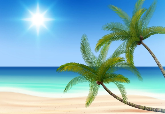 Coconut palm trees beach realistic composition with outdoor landscape with sands water and sun in sky vector illustration