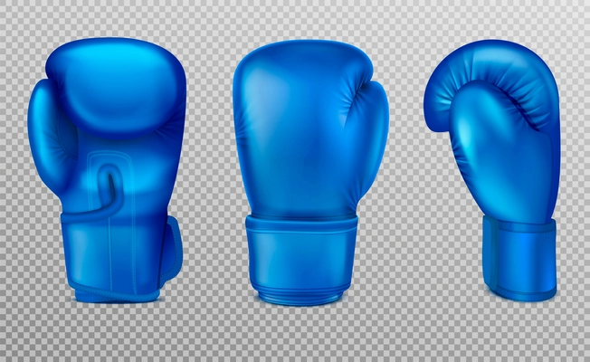 Blue boxing gloves set with realistic isolated images of mufflers from different angle on transparent background vector illustration