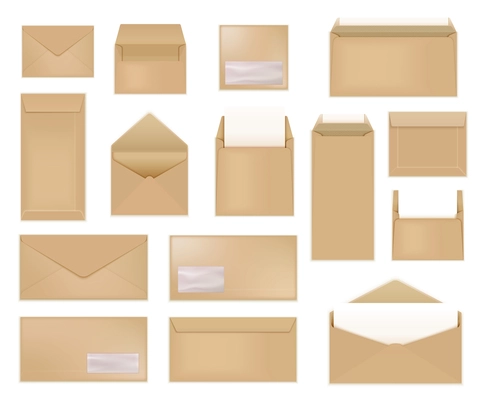 Envelopes realistic cardboard set with isolated images of postage craft paper letter covers on blank background vector illustration