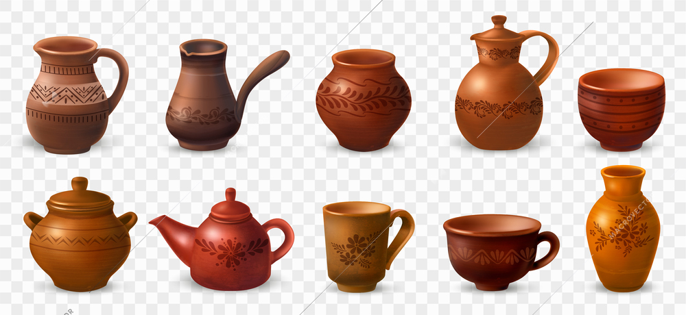 Realistic clay kitchenware set of isolated images on transparent background with pots and cups with artwork vector illustration
