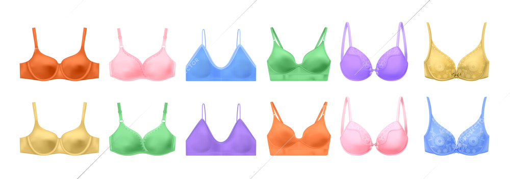 Realistic lingerie bra set with isolated images of colorful breast underwear for women on blank background vector illustration