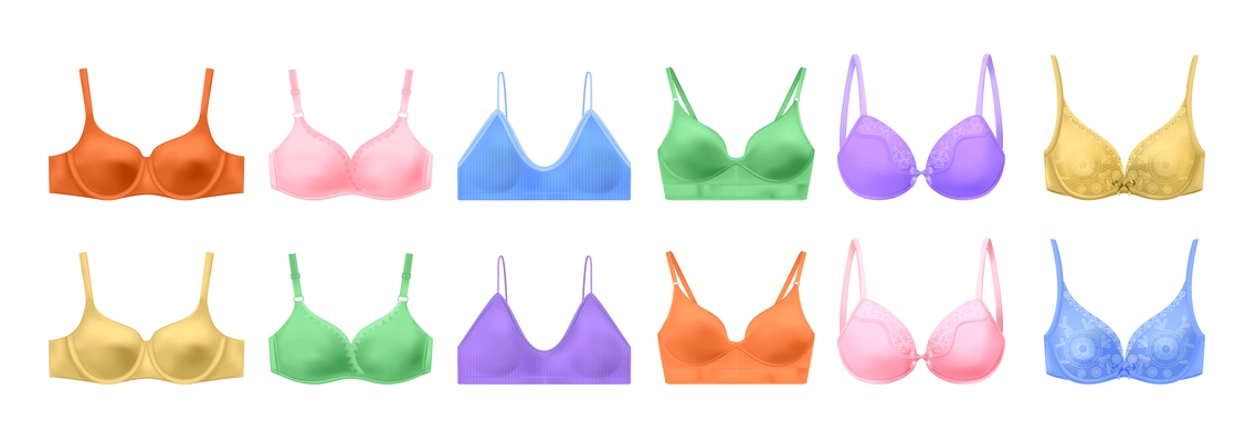Realistic lingerie bra set with isolated images of colorful breast underwear for women on blank background vector illustration