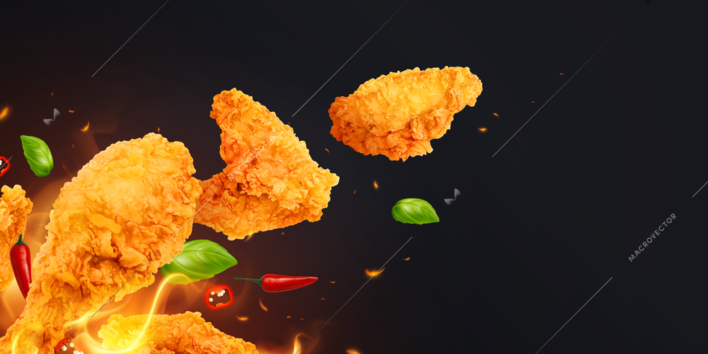 Chicken fast food realistic composition with black background flames of fire pepper leaves and chicken wings vector illustration