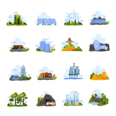 Renewable and nonrenewable resources flat icons set of solar water fossil wind energy types resources isolated vector illustration