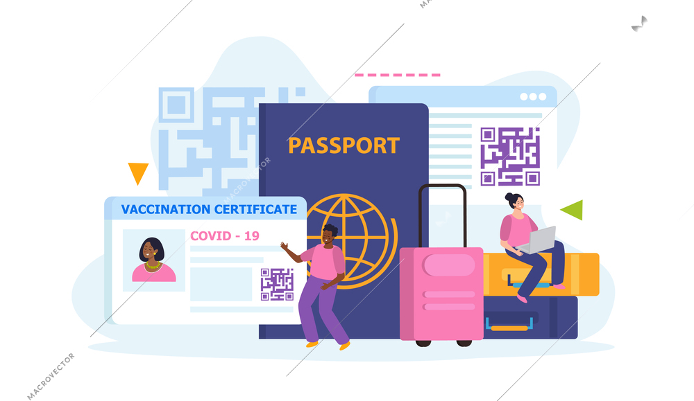 QR code composition of traveling people passport and vaccination certificate flat icons vector illustration