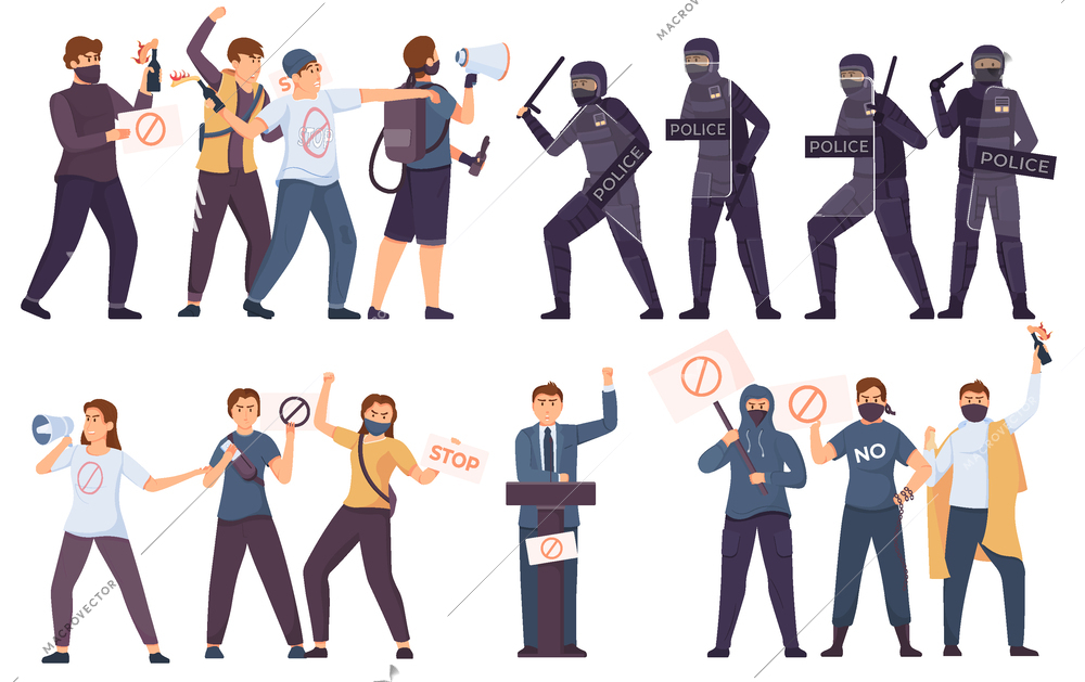 Protest revolution flat concept set the police against protesting group of people and the performance of oppositionist in front of his group vector illustration