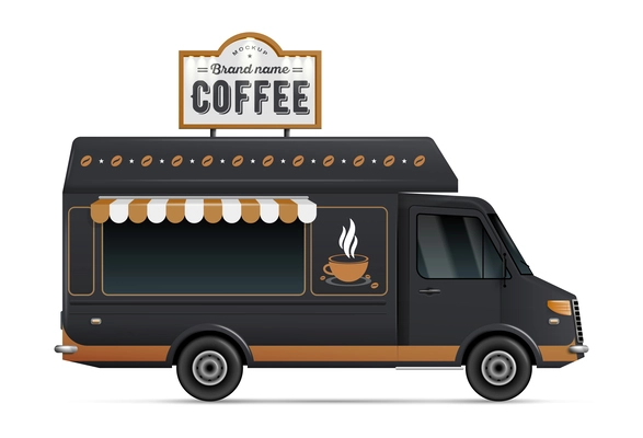 Realistic black coffee shop food truck mockup side view vector illustration