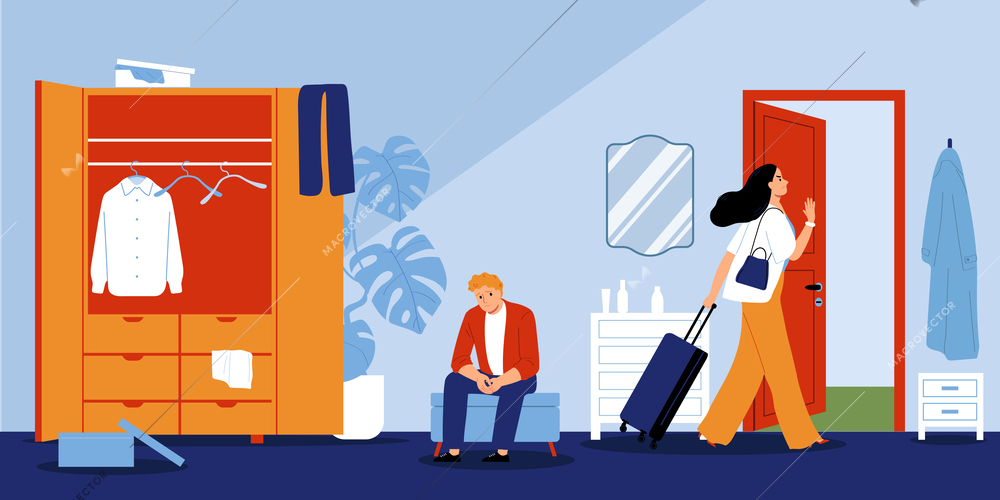 Angry woman with suitcase leaving home and her upset husband after scandal flat vector illustration