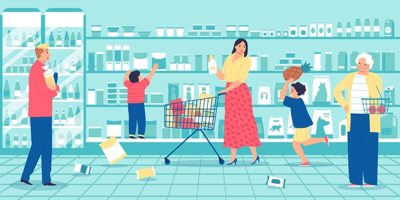 Childhood pranks bad behaviour flat background with angry mum and customers looking at children misbehaving in supermarket vector illustration