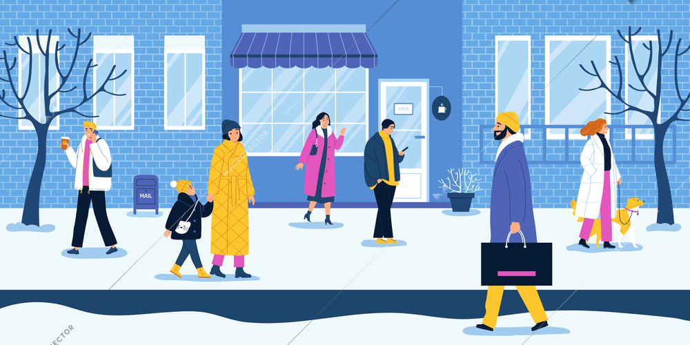 People wearing winter outwear walking along city street with dog bags smartphone coffee flat vector illustration