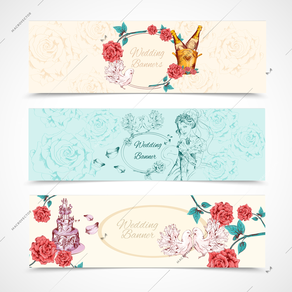 Wedding ceremony sketch horizontal banners set with romantic decoration isolated vector illustration