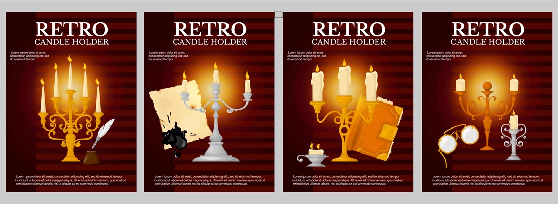 Retro candle holders poster set with four isolated vertical backgrounds with editable text and retro lighting vector illustration