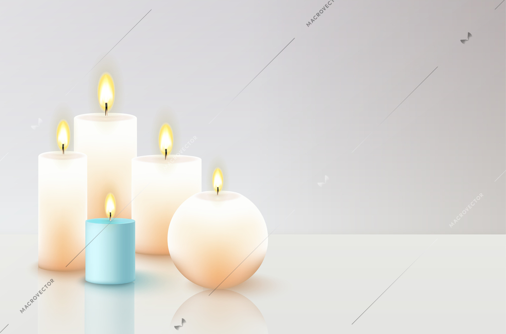 Five burning candles of different shape and size on glassy surface realistic composition vector illustration