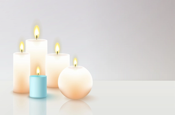 Five burning candles of different shape and size on glassy surface realistic composition vector illustration