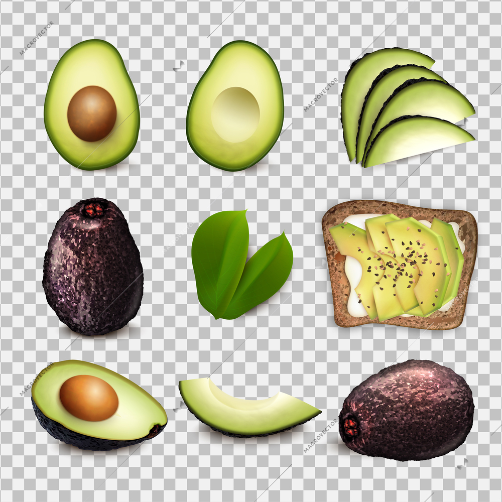 Avocado realistic set with whole fruit slices halves with seed leaves and toast isolated on transparent background vector illustration