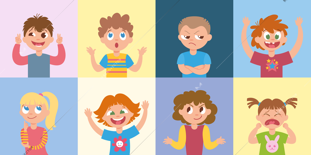 Children emotions flat set with eight square compositions of different kids showing various emotions facial expressions vector illustration