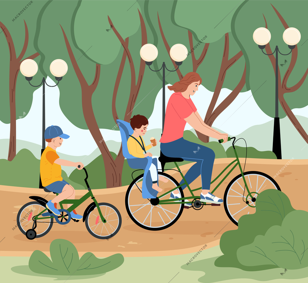 Summer family vacation flat background with mother and her children riding bicycle in city park vector illustration