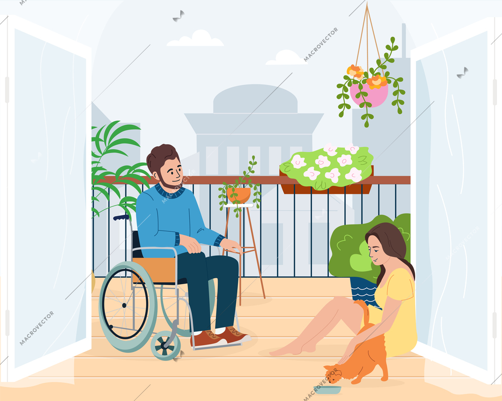 Neighbours on balcony flat background with disabled man in wheelchair talking with young girl feeding cat vector illustration