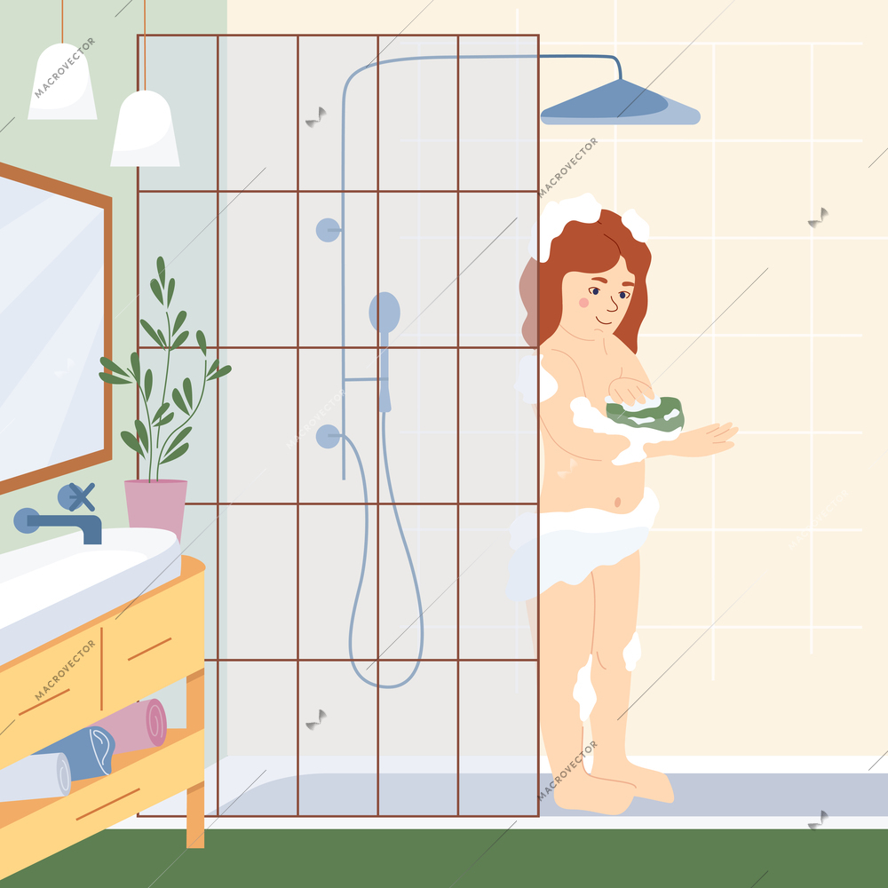 Childish daily routine flat background with little girl washing in shower by herself vector illustration