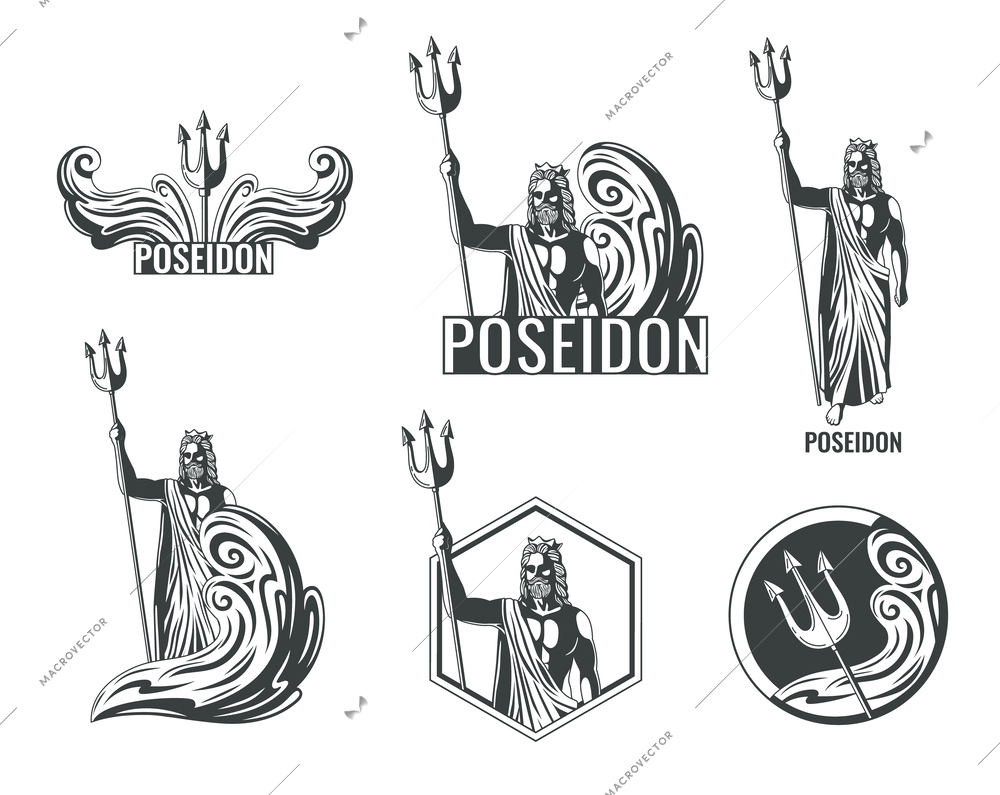 Greek god flat black and white emblems set with poseidon and his trident isolated vector illustration
