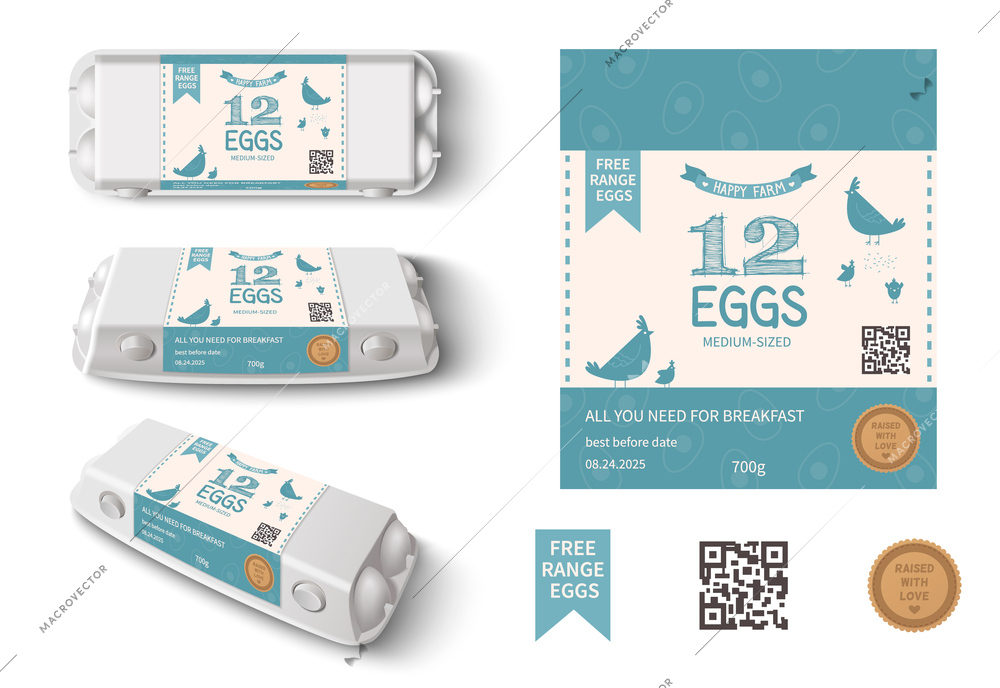 Realistic twelve chicken eggs package mockup with label template isolated vector illustration