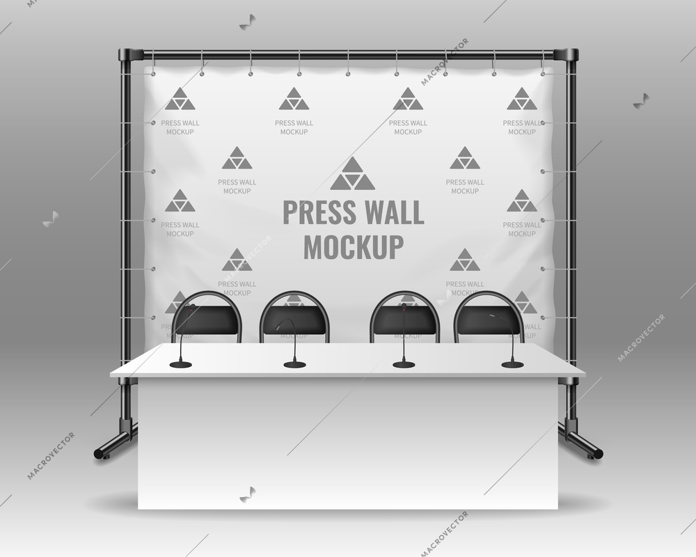 Press wall mockup behind table with microphones for media conference realistic vector illustration