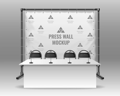 Press wall mockup behind table with microphones for media conference realistic vector illustration