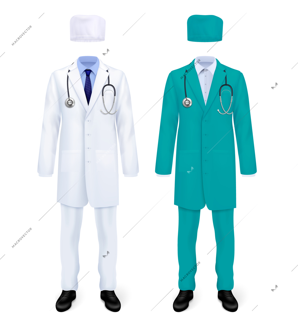 Doctor uniform realistic set with two isolated images of medical suits colored in white and turquoise vector illustration