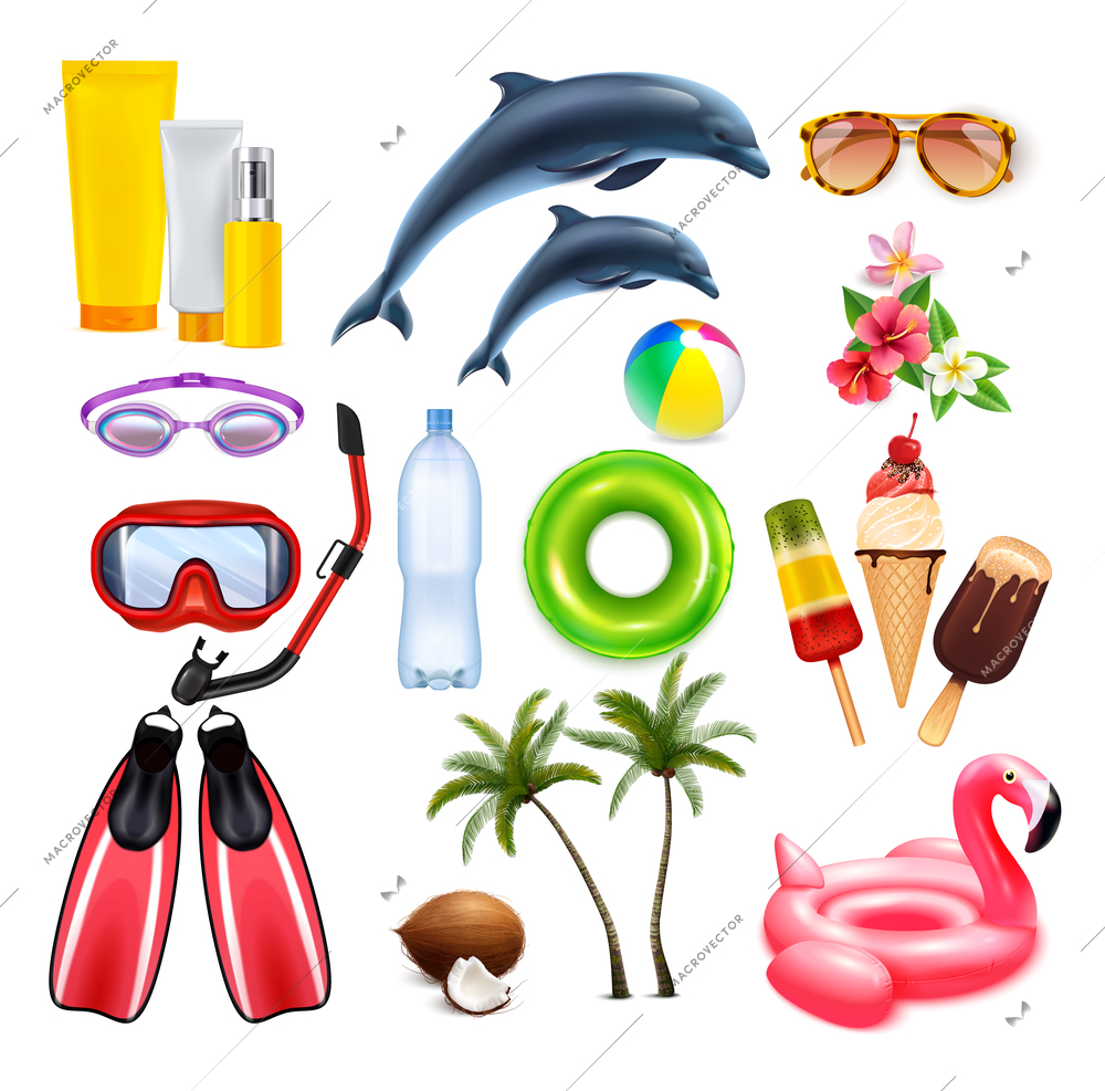 Diving snorkeling mask realistic set of isolated icons with accessories for swimming floating and sun protection vector illustration