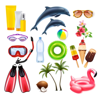 Diving snorkeling mask realistic set of isolated icons with accessories for swimming floating and sun protection vector illustration