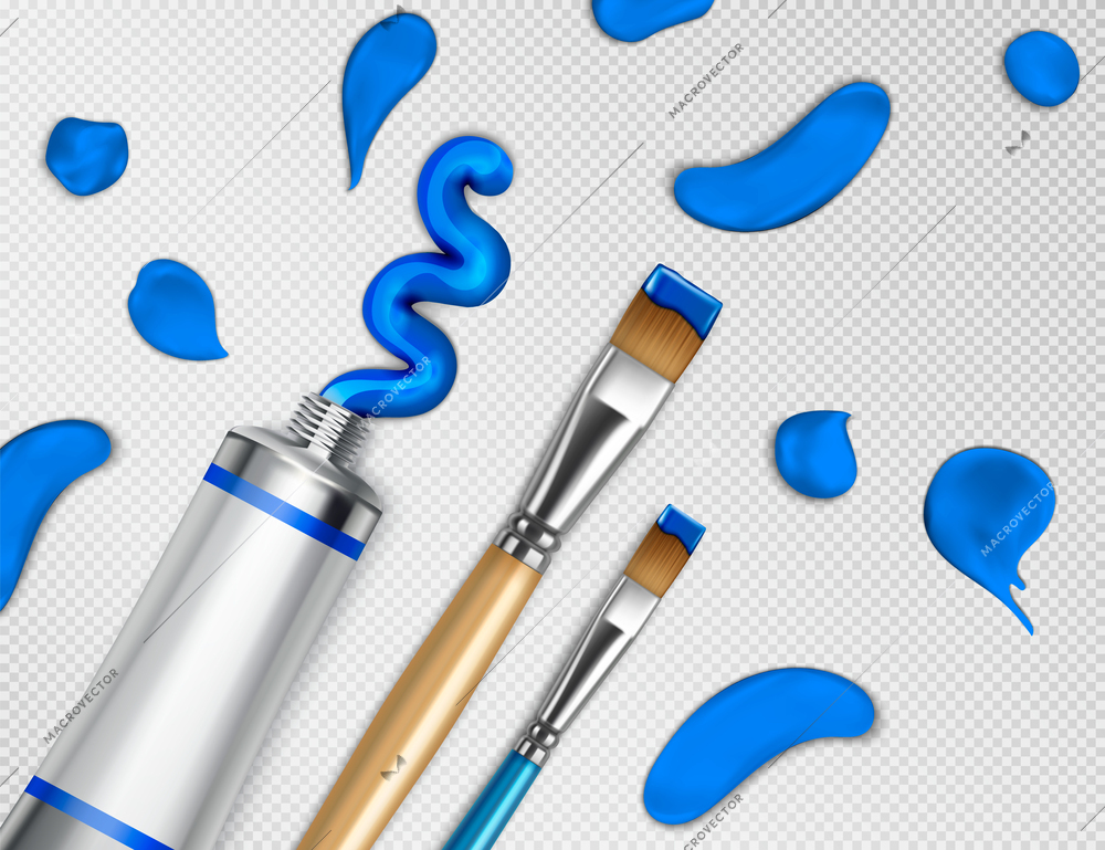 Artist tools paint realistic composition with pieces of paint coming out of tube with two brushes vector illustration