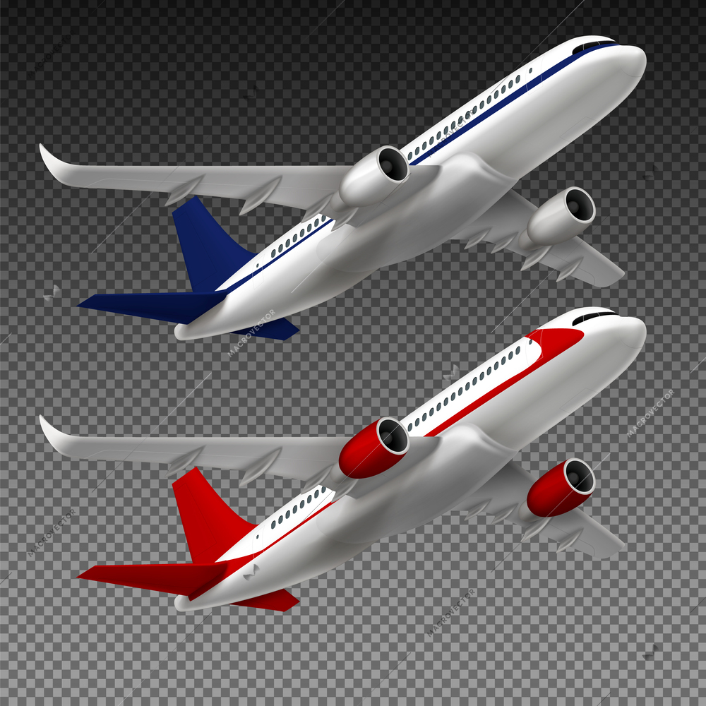 Flying airplane set of realistic images on transparent background with branded red and blue passenger jets vector illustration